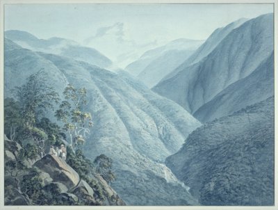 Uitzicht vanaf Murichon, kijkend naar het noorden langs het kanaal van de Teenchoo, op weg naar Tacissudon, Bhutan door Samuel Davis